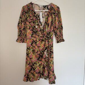 TOPSHOP NEW Wrap Mini Dress Women's 10 Pink Floral Ruffle 1/2 Puff Sleeve Tie